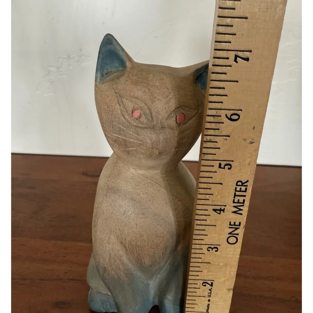 Hand Carved Wooden Cat Vintage Gray Feline Figurine 7